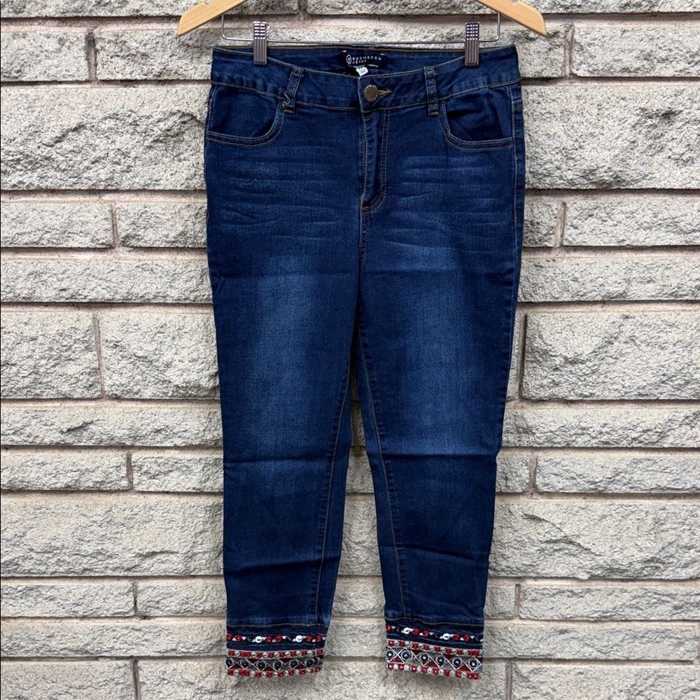 Boom Boom Jeans Navy Cropped Ankle Jeans with Beaded Embroidered Hem